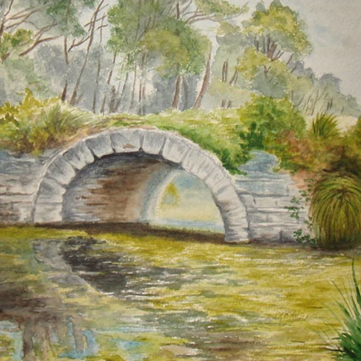 пейзаж акварель пруд Павловский мостик лес кусты деревья лето