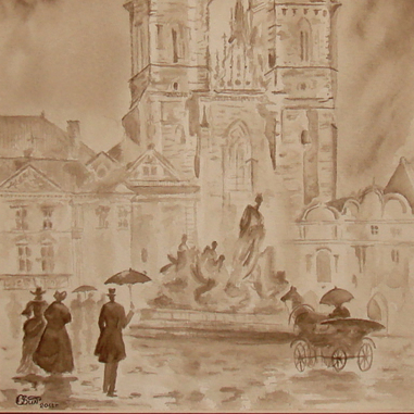 пейзаж акварель Гризайль сепия старая Прага улица люди площадь