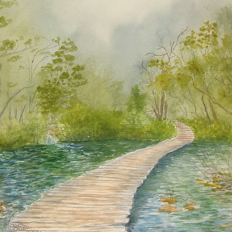 пейзаж акварель лето, лес,пруд, вода, мостик, вода 116
