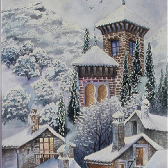 пейзаж акварель зима  снег домики, крыши 119