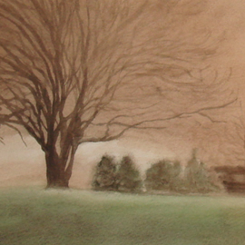 пейзаж акварель лето дерево кусты поляна 120