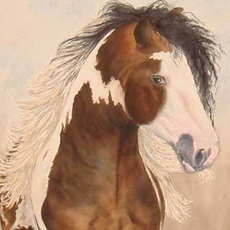 портрет акварелью лошади, конь, коричневый Ирландский Коб, грива 122