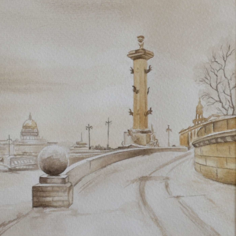 пейзаж акварель Гризайль сепия зима снег Питер мост набережная