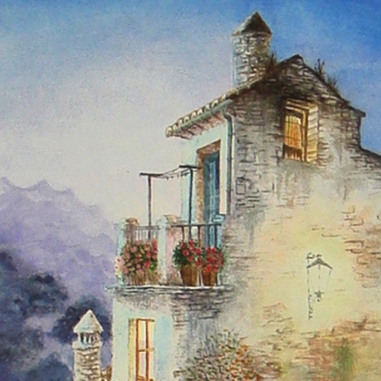 пейзаж акварель лето вечер мостовая домики, крыши 133