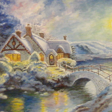 пейзаж акрил зима  снег, домики, мостик, речка крыши 140