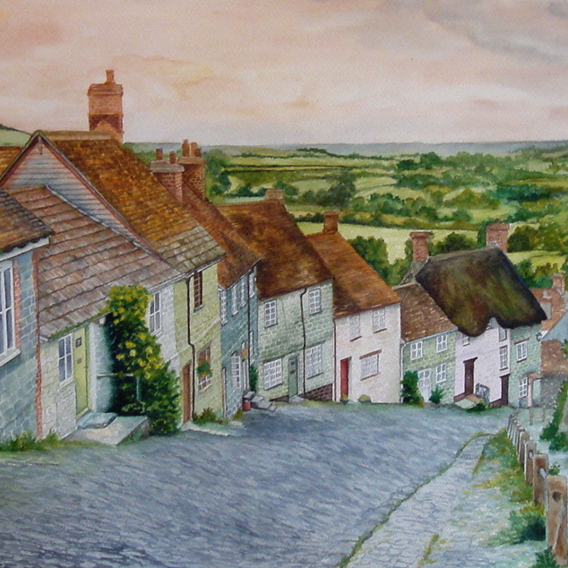 пейзаж акварель лето улица домики,Англия, Золотой холм, крыши 155