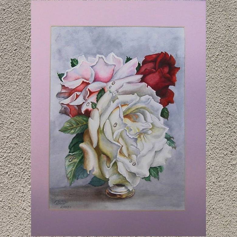 цветы акварель натюрморт мини букет красные розовые розы капли росы 160