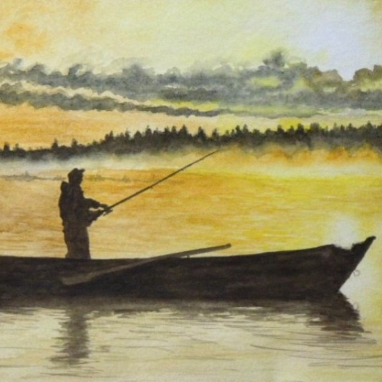 пейзаж акварель лето озеро лодка рыбак заря небо солнце 163