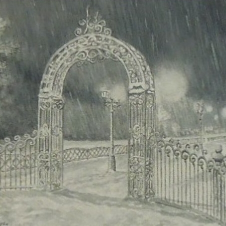 пейзаж акварель Гризайль, серый цвет, монохром кованая арка, ночь, снег фонари, 176