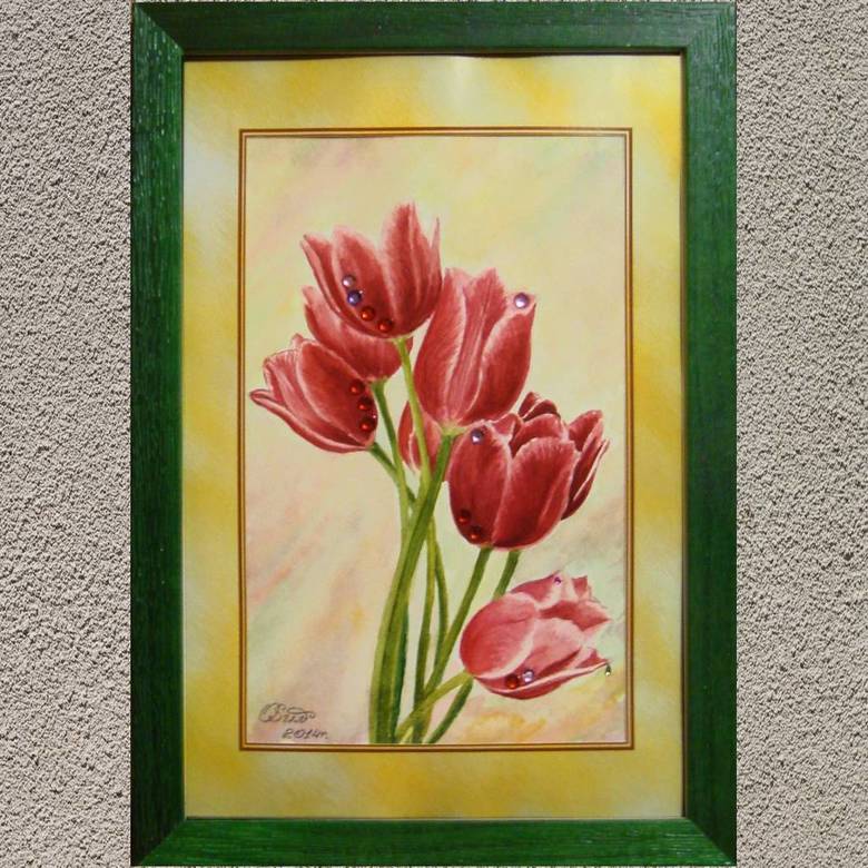 цветы акварель натюрморт красные тюльпаны стразы 183