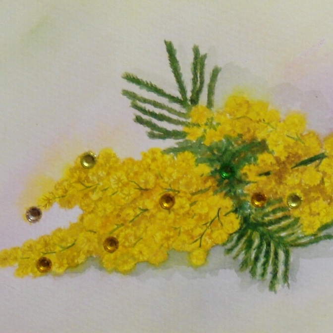 цветы акварель натюрморт желтая мимоза веточка стразы 185