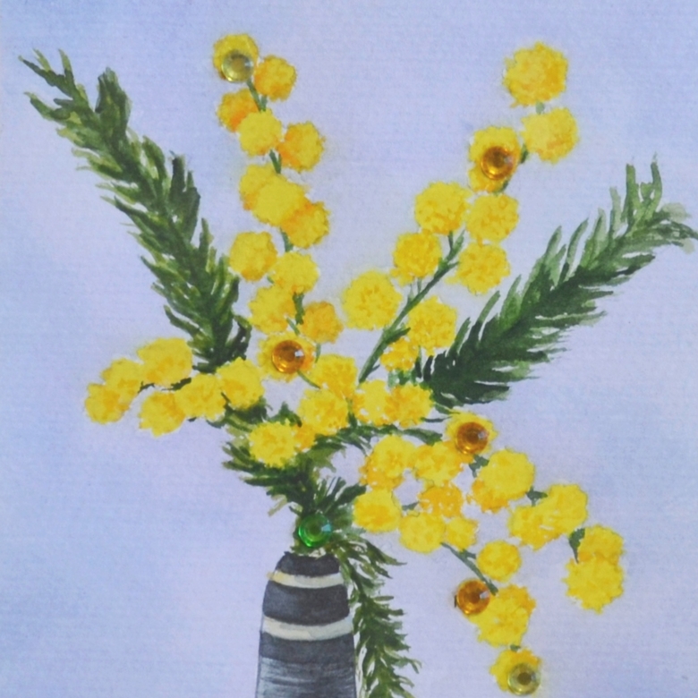 цветы акварель натюрморт желтая мимоза веточка в вазе стразы 186