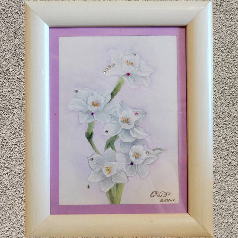 цветы акварель натюрморт белые нарциссы стразы 188