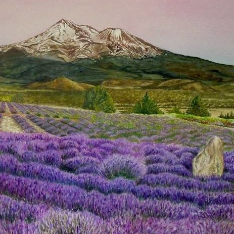пейзаж акварель лето лавандовое поле горы 202