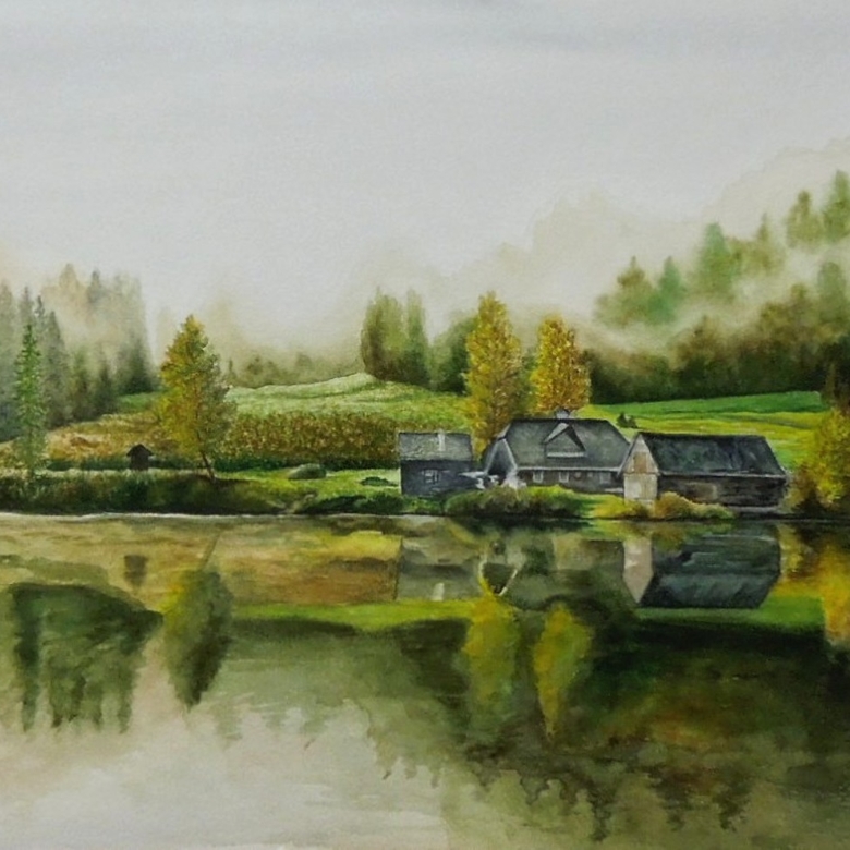пейзаж акварель лето озеро дом лес отражение вода 206