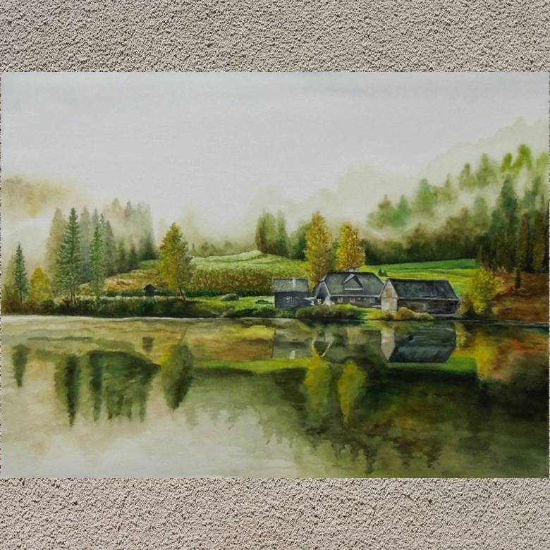 пейзаж акварель лето озеро дом лес отражение вода 206