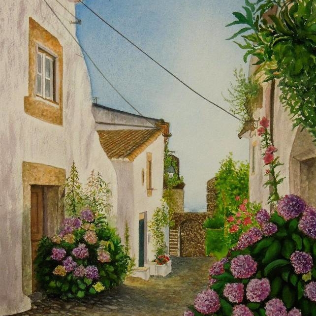 пейзаж акварель лето улочка домики гортензия 207