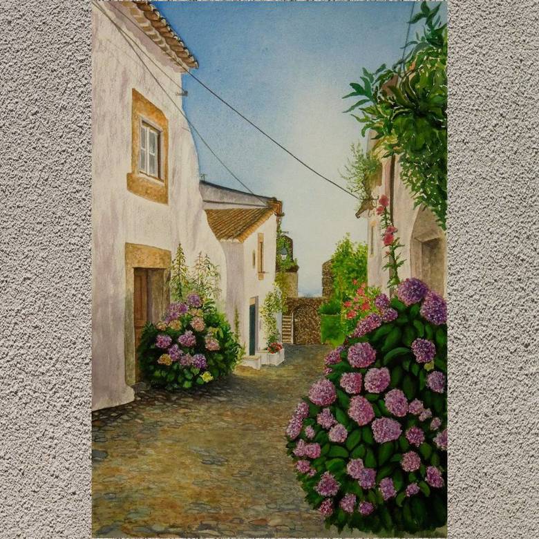 пейзаж акварель лето улочка домики гортензия 207
