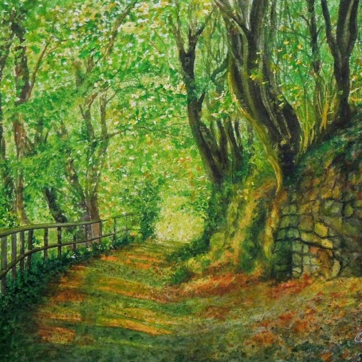 пейзаж акварель лес деревья тропинка лето  213