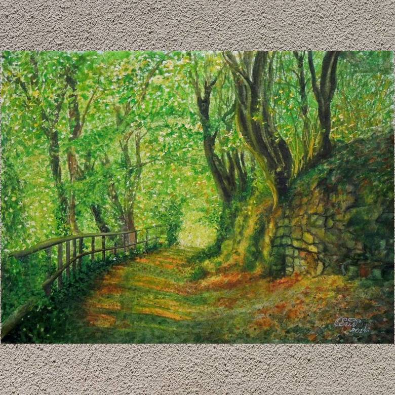 пейзаж акварель лес деревья тропинка лето  213