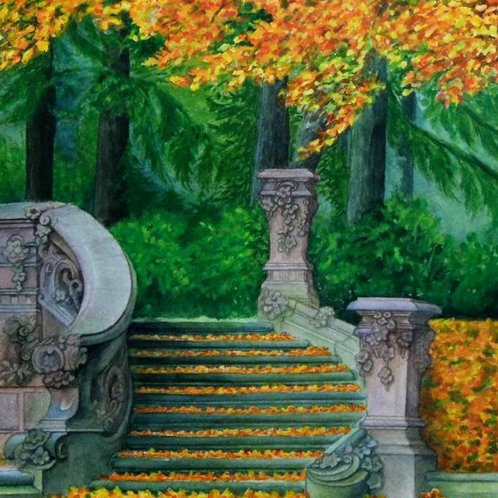 пейзаж акварель осень парк лестница деревья 213