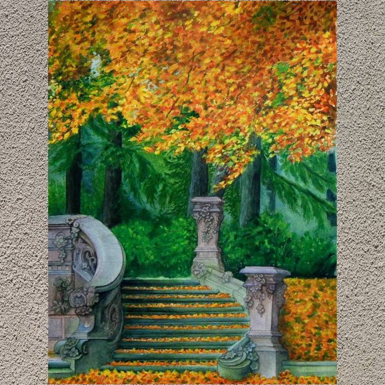 пейзаж акварель осень парк лестница деревья 213