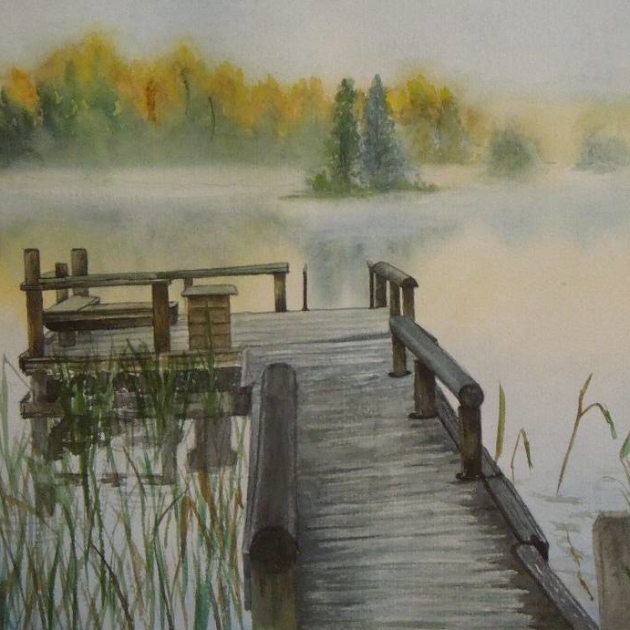 пейзаж акварель лето утро пруд туман рассвет мостик лес 217