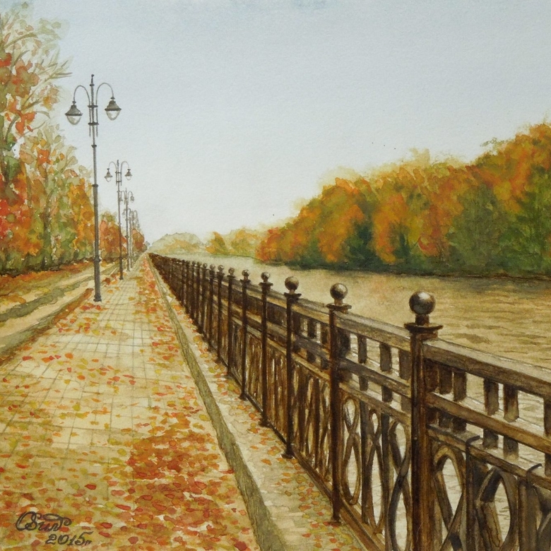 пейзаж акварель осень набережная река дорожка листва деревья 218