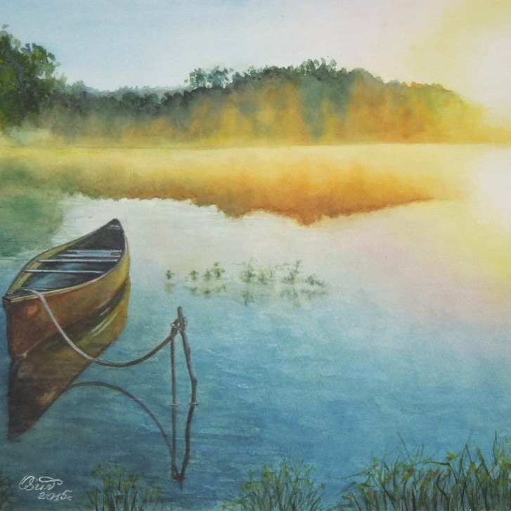 пейзаж акварель лето озеро лодка заря небо солнце 223