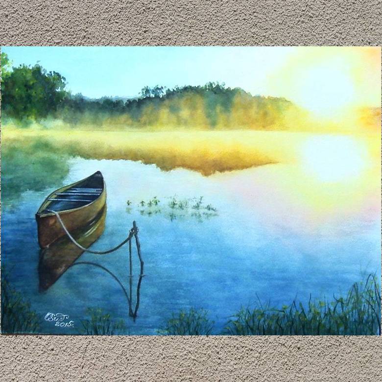 пейзаж акварель лето озеро лодка  заря небо солнце 223