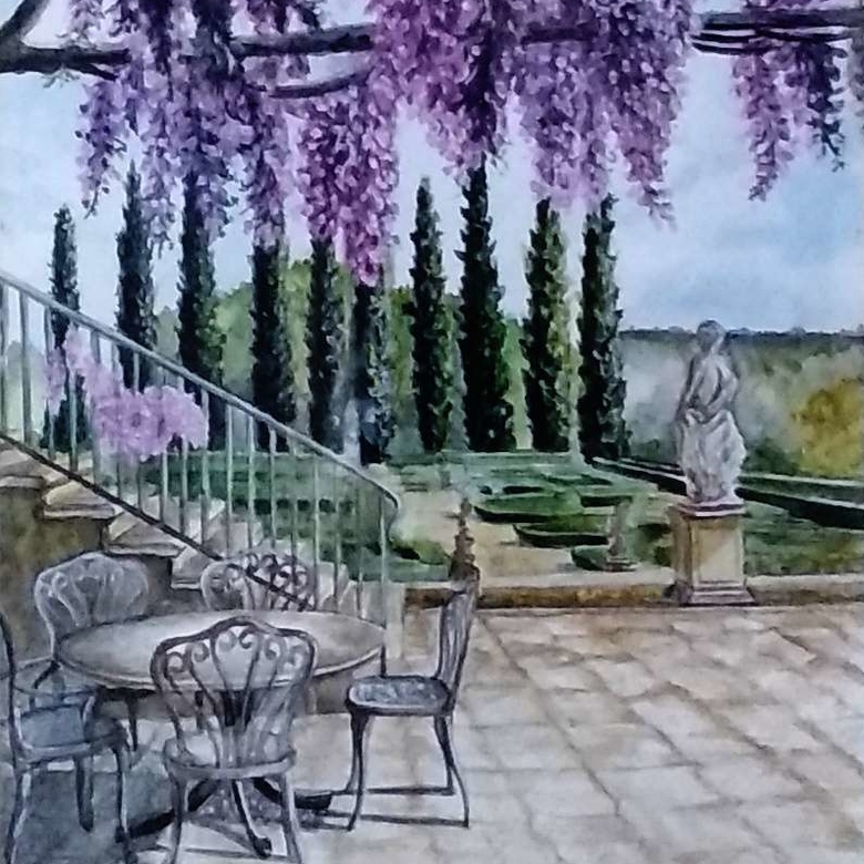 пейзаж, акварель, лето, утро,веранда, глициния,226