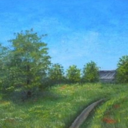 пейзаж акрил лето тропинка деревня поляна 237