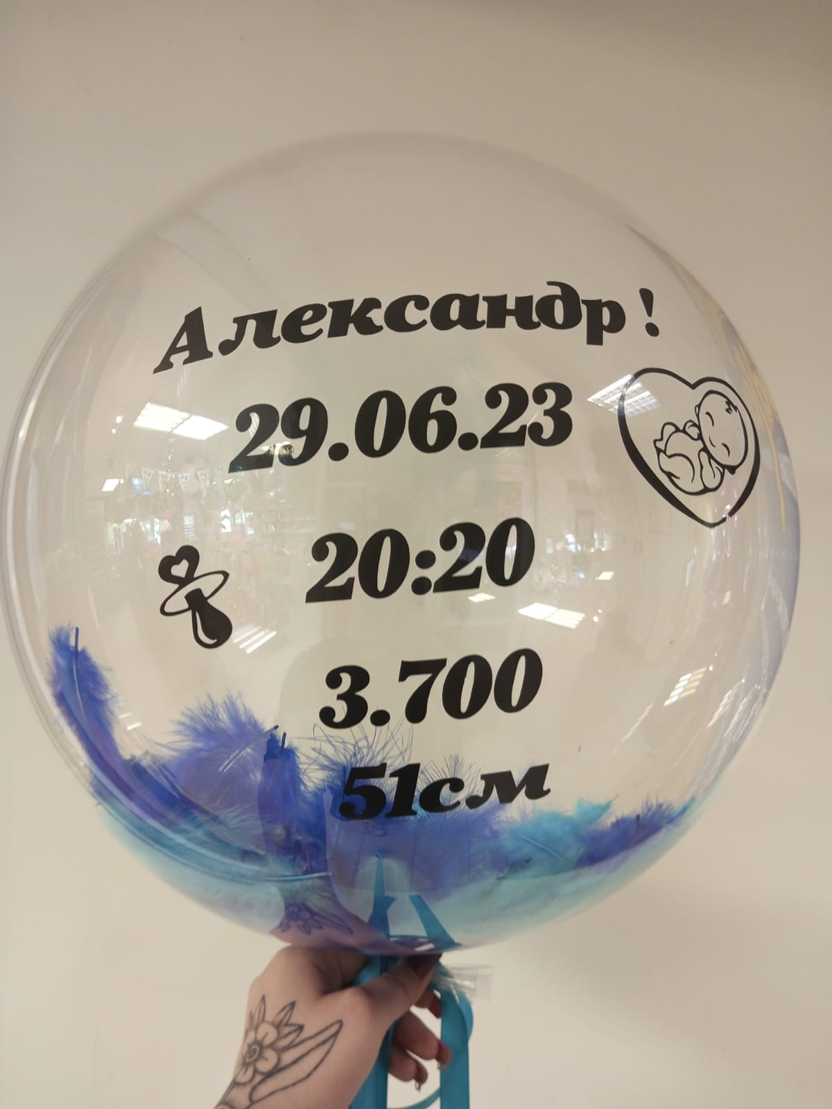 Шар на выписку с перышками и надписью