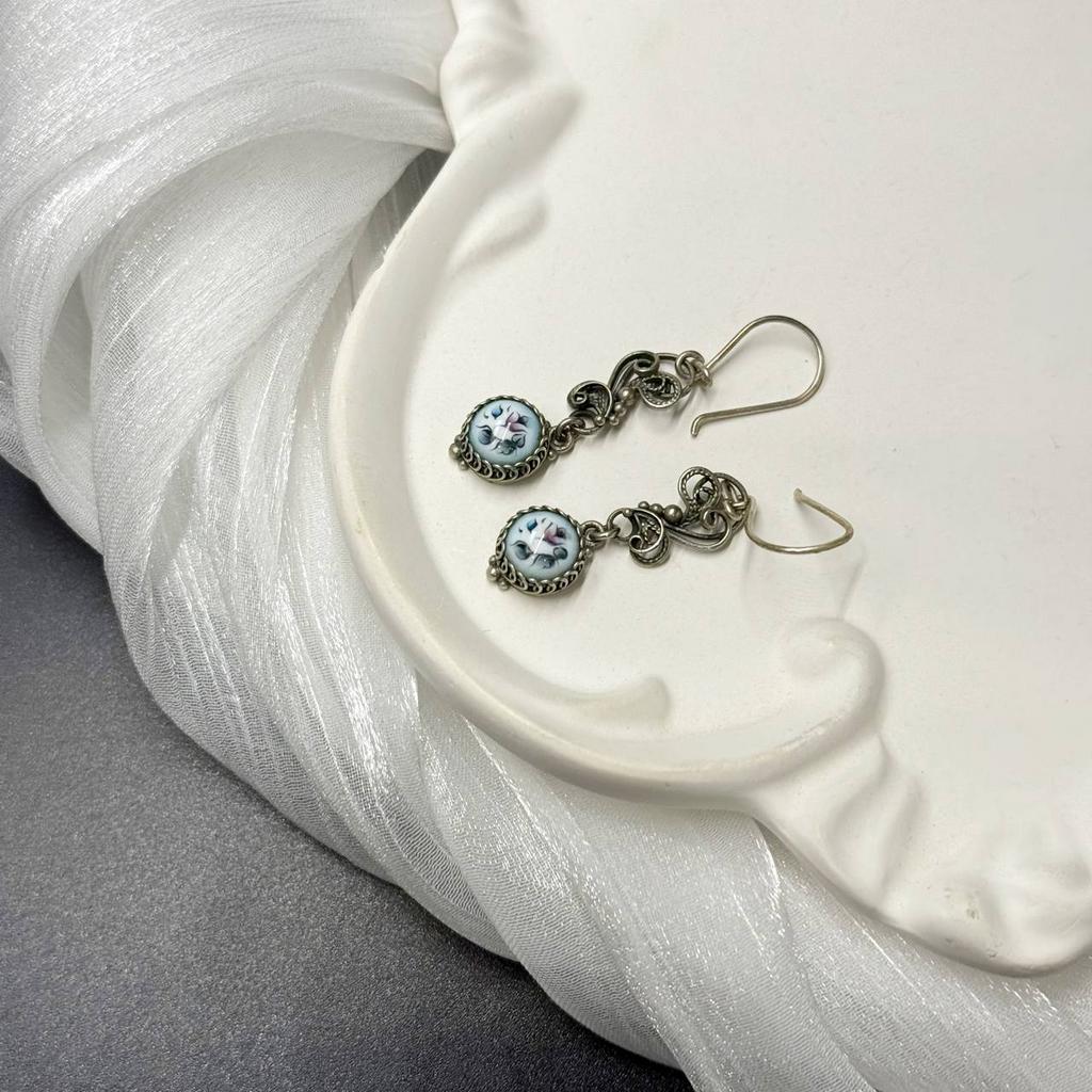 Винтажные серьги из мельхиора в технике филигрань, со вставкой из финифти