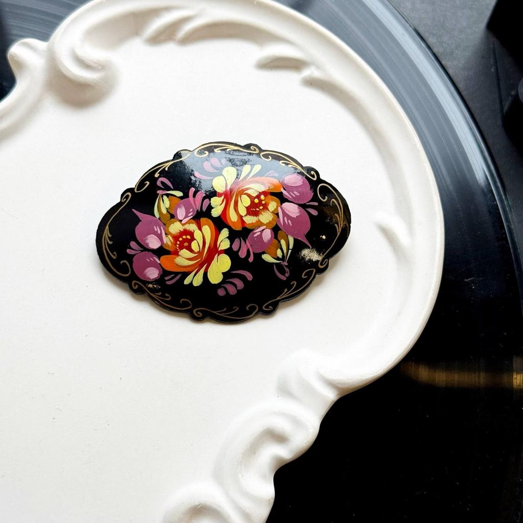Винтажная брошь «Народный букет» жостовская роспись, 60е