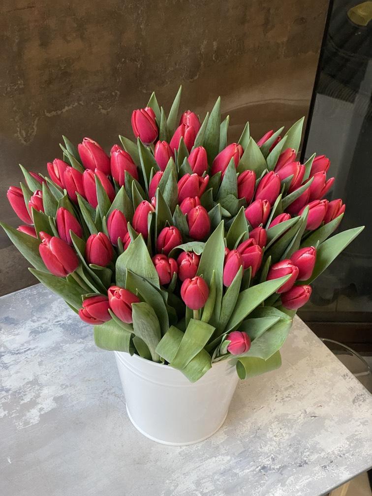 Красные тюльпаны в белом ведре 71 шт №149.