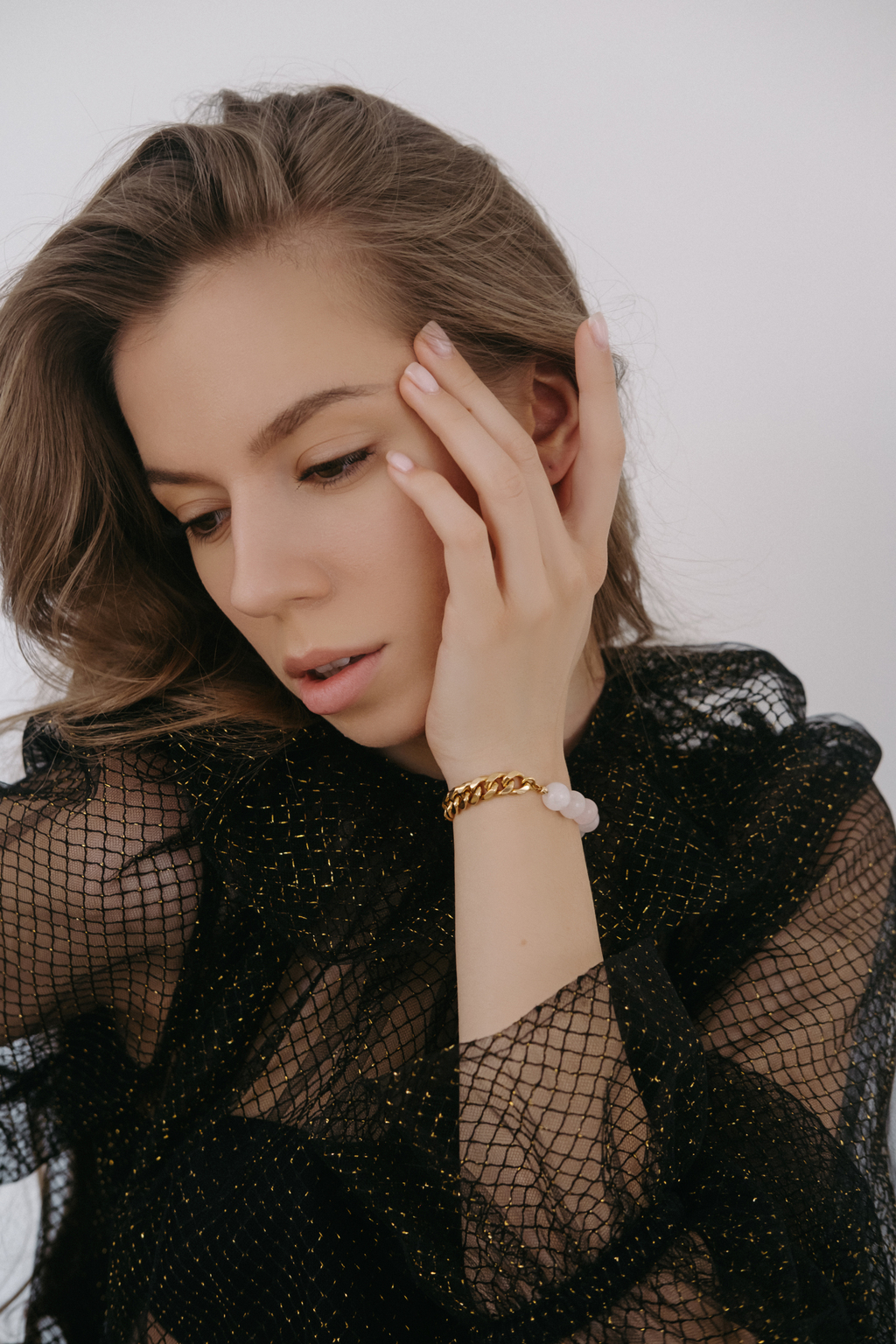 Браслет Duo gold из розового кварца c цепью