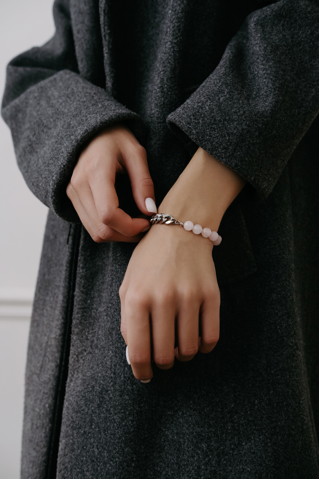 Браслет Duo silver с розовым кварцем и цепью