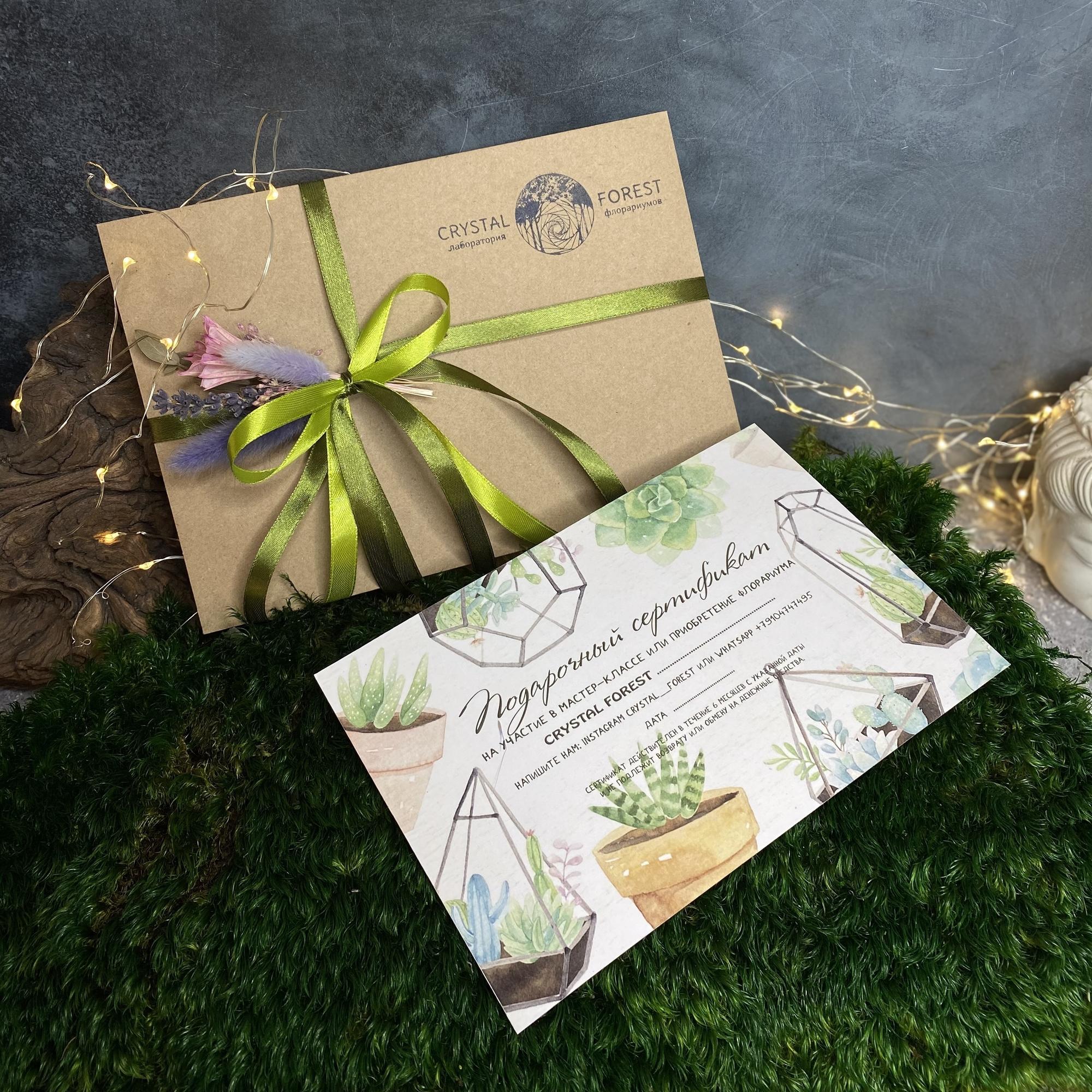 Подарочный сертификат на мастер-класс или приобретение готового флорариума. Печатная версия