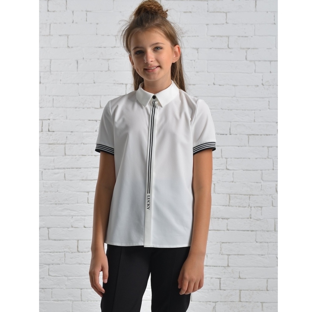 Школьная блузка с коротким рукавом (темно-синяя отделка)