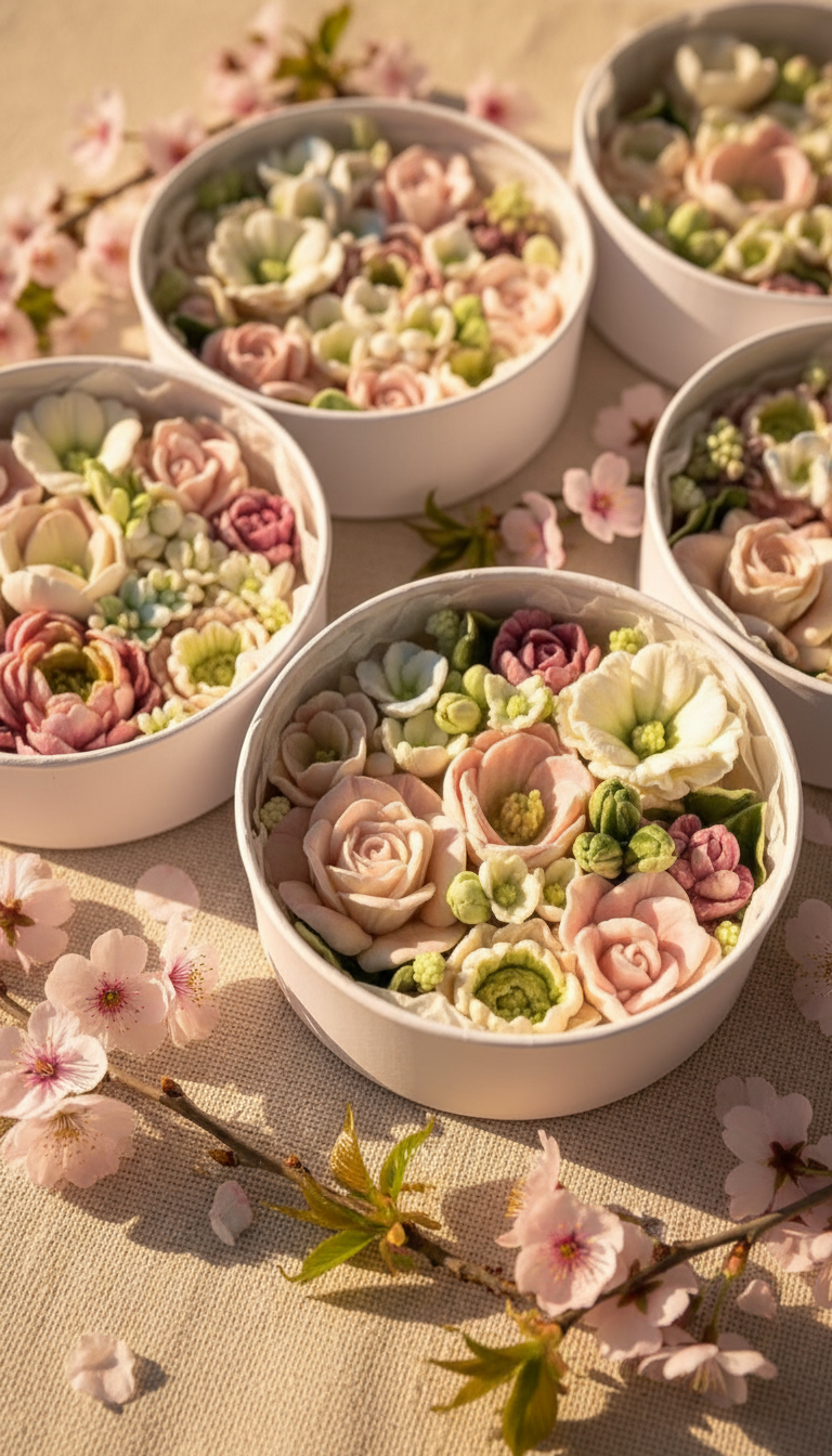 Зефирная композиция с реалистичными цветами в шляпной коробке