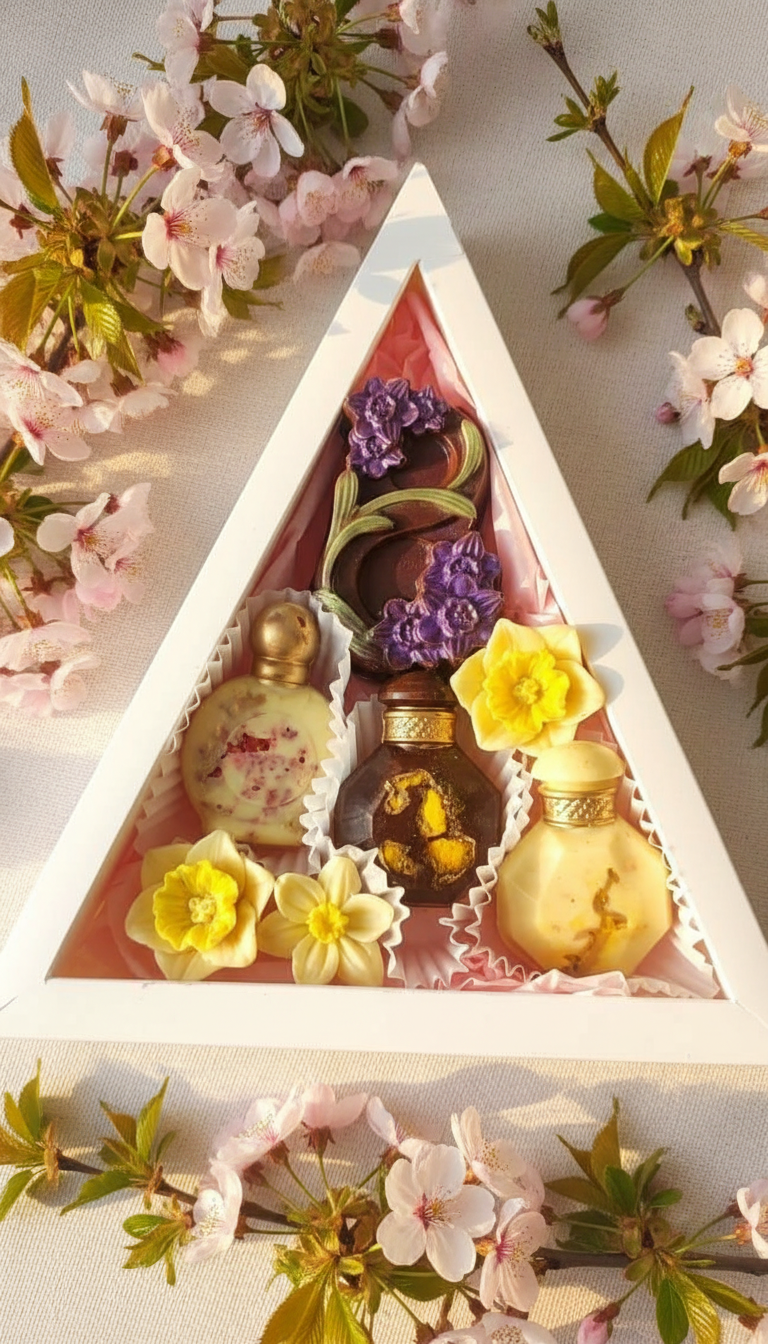 Набор шоколадных фигур: восьмерка с начинкой из карамели и песочной крошки, духи и нарциссы к 8 марта