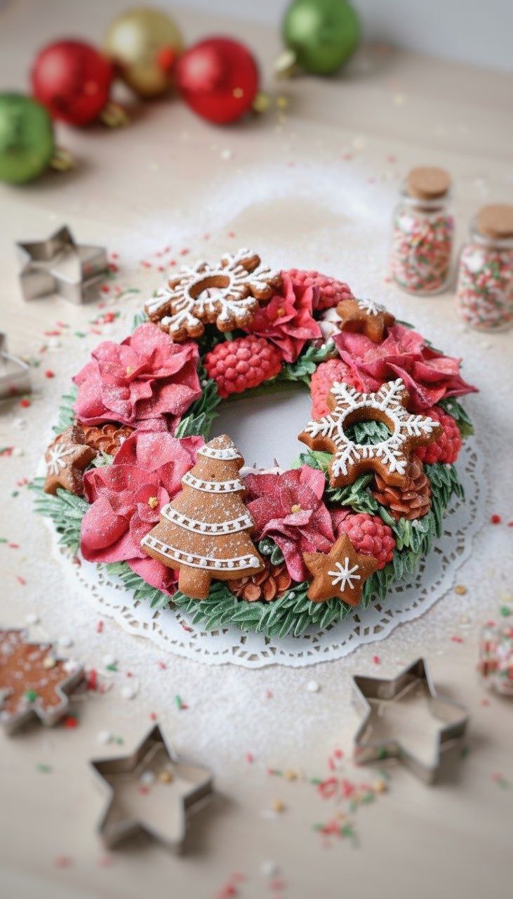 Зефирный новогодний венок с пряниками