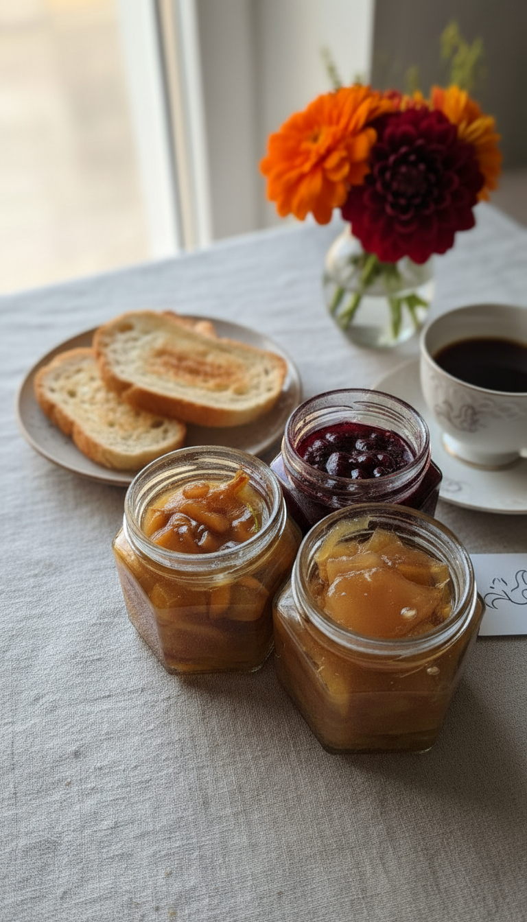 Варенье из лисичек с розмарином, варенье из брусники с какао, варенье из груши с тремя видами перца