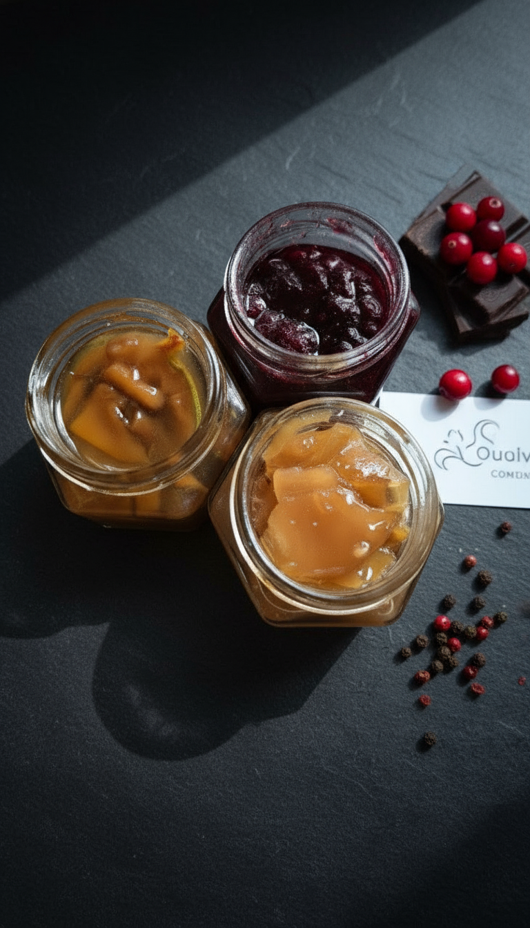 Варенье из лисичек с розмарином, варенье из брусники с какао, варенье из груши с тремя видами перца