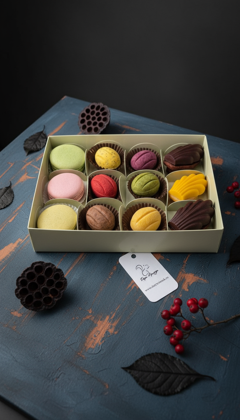 Осенний набор ассорти сладостей: мадлен, орешки, макаронс