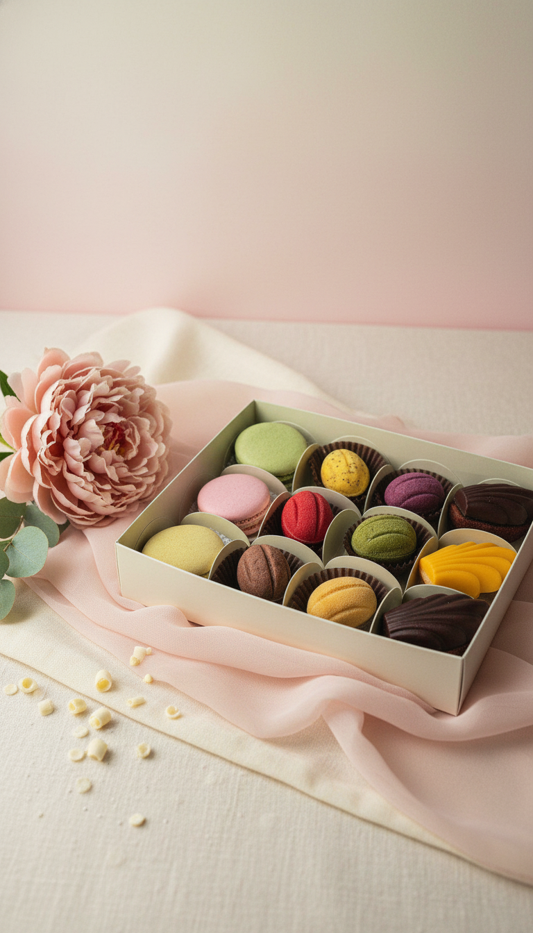 Осенний набор ассорти сладостей: мадлен, орешки, макаронс