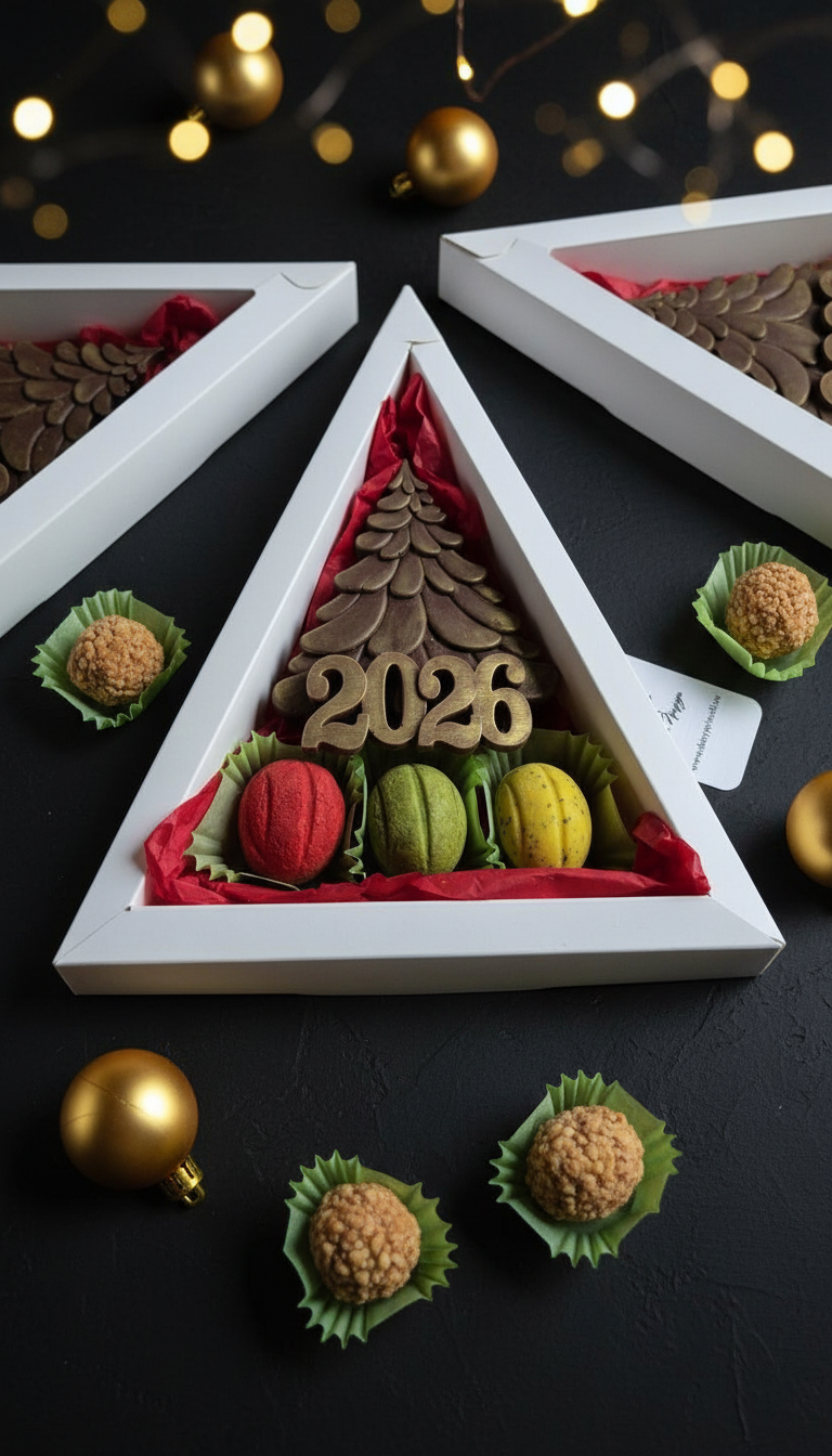 Набор ассорти шоколадная елочка с начинкой, надпись 2026 и песочные орешки