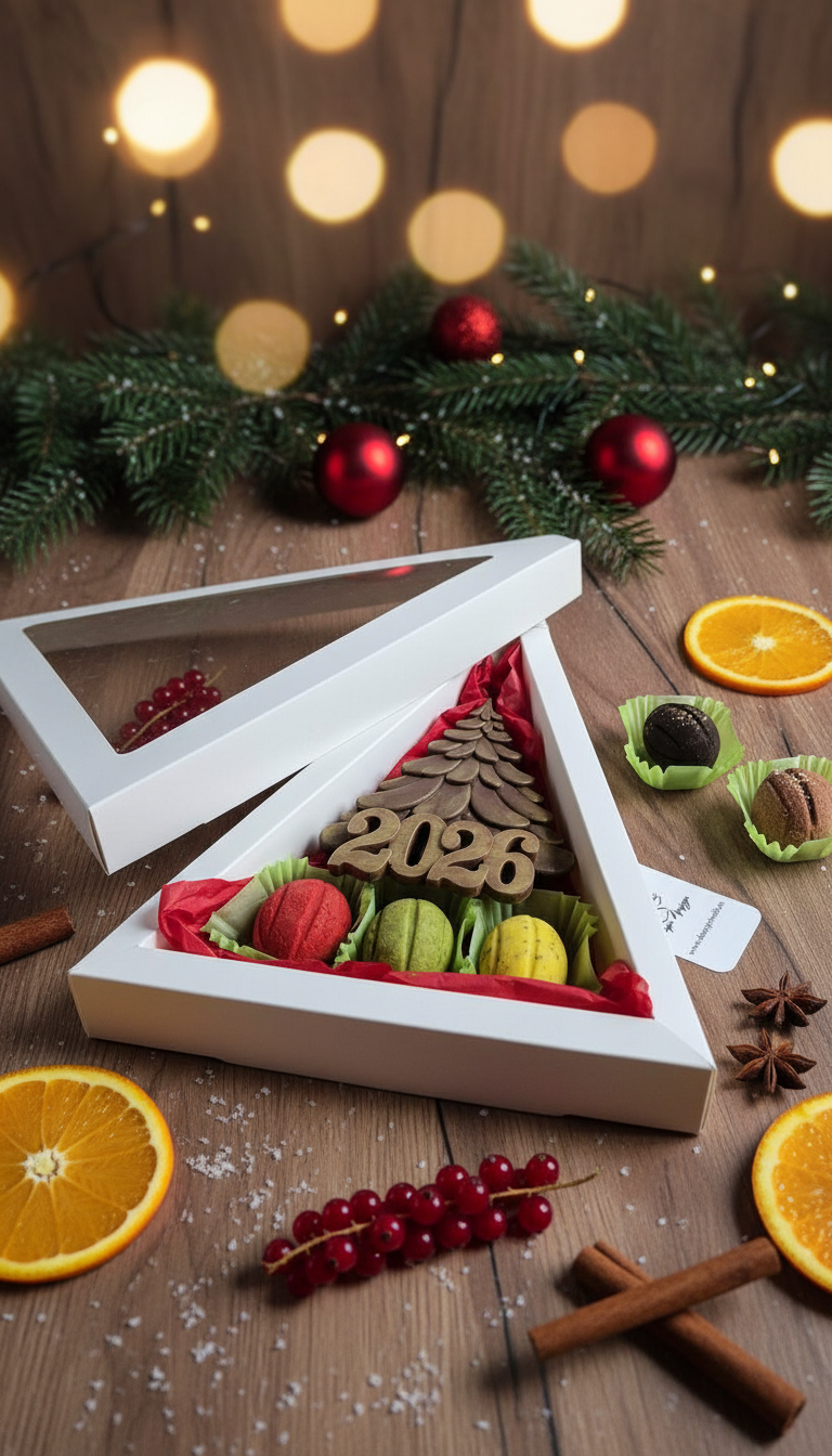 Набор ассорти шоколадная елочка с начинкой, надпись 2026 и песочные орешки