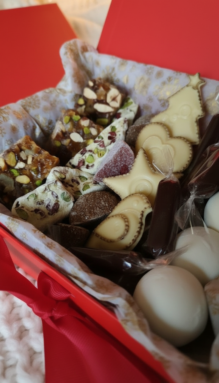 Новогодняя коробка со сладостями: панфорте, нуга, мармелад, шоколадные фигурки, снежки из маршмеллоу с начинкой, ириски